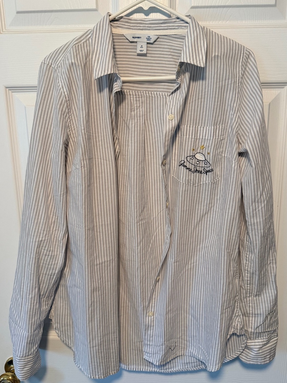 Old Navy Women's Blue and White Striped Button-Down Shirt with Pocket Embroidery